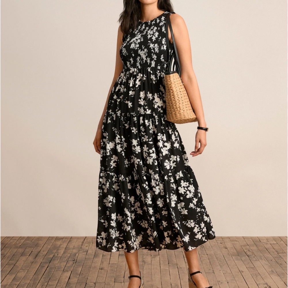 Ann Klein Smocked Bodice Tiered Maxi Dress, Small